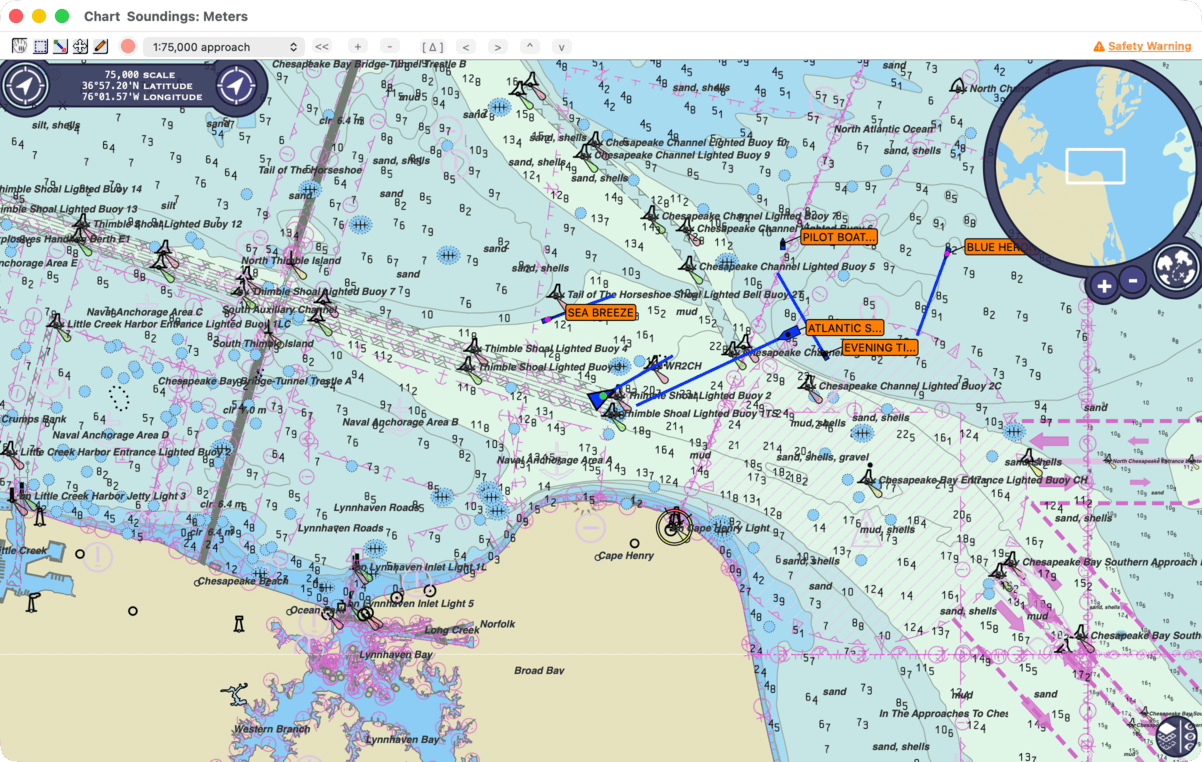 chart with several AIS targets, Class A and Class B, with name tags and velocity vectors
