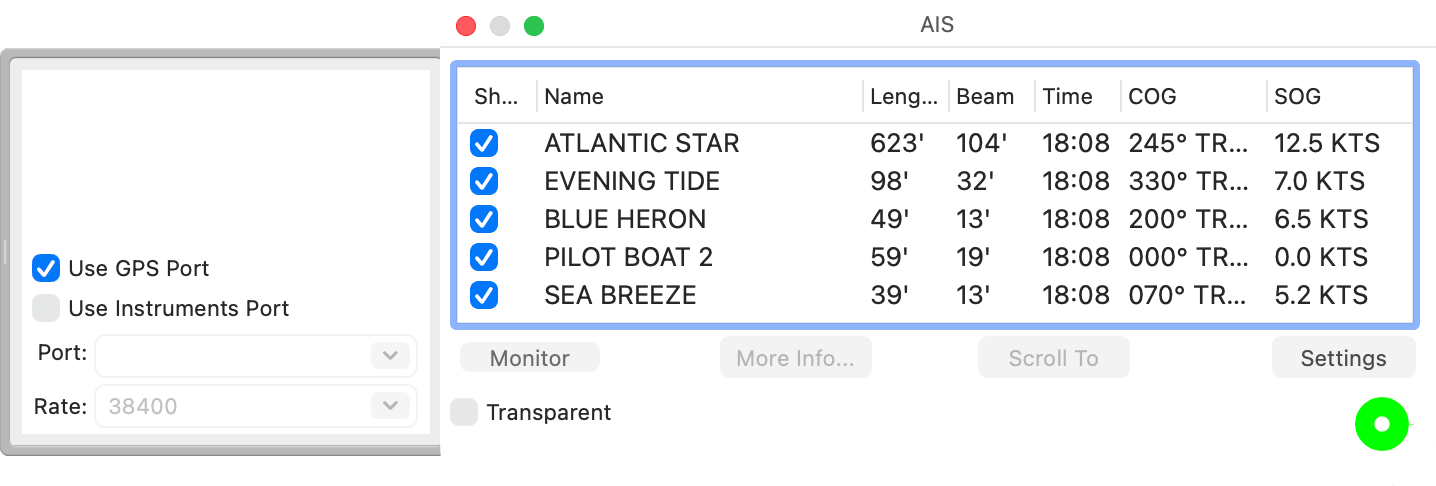 AIS window with its Settings drawer open, Use GPS Port on