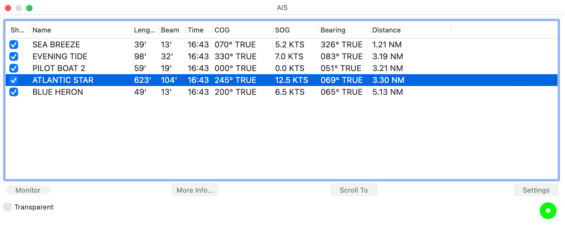 AIS window listing several targets, one selected