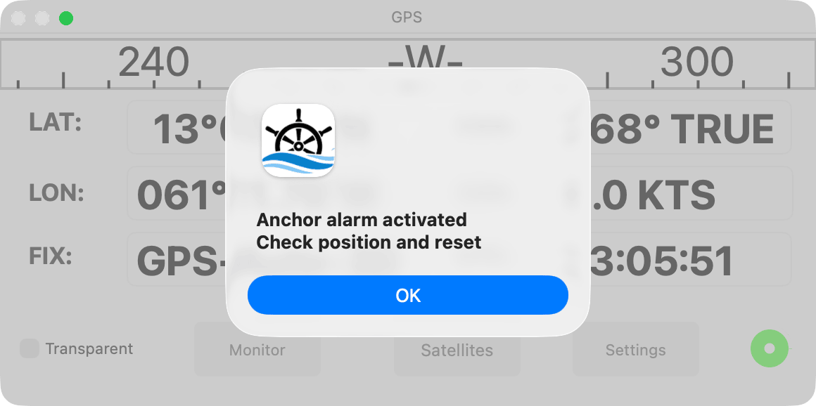 Anchor alarm alert on the GPS window
