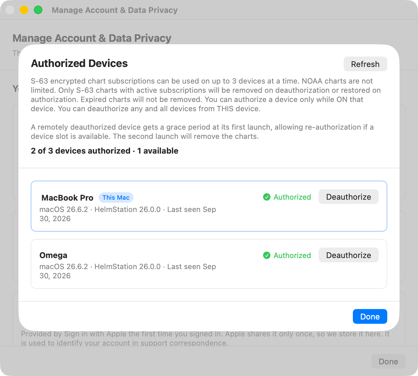Authorized Devices sheet, this Mac authorized, 2 of 3 in use