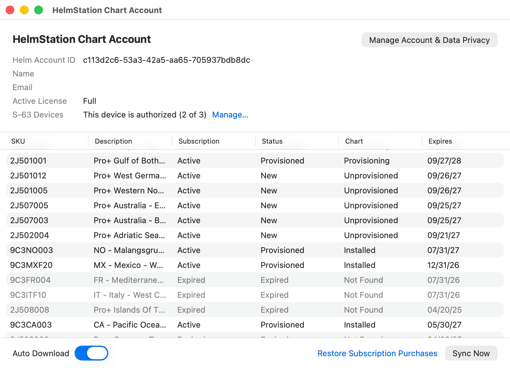HelmStation Chart Account window with several subscriptions, one of them expired