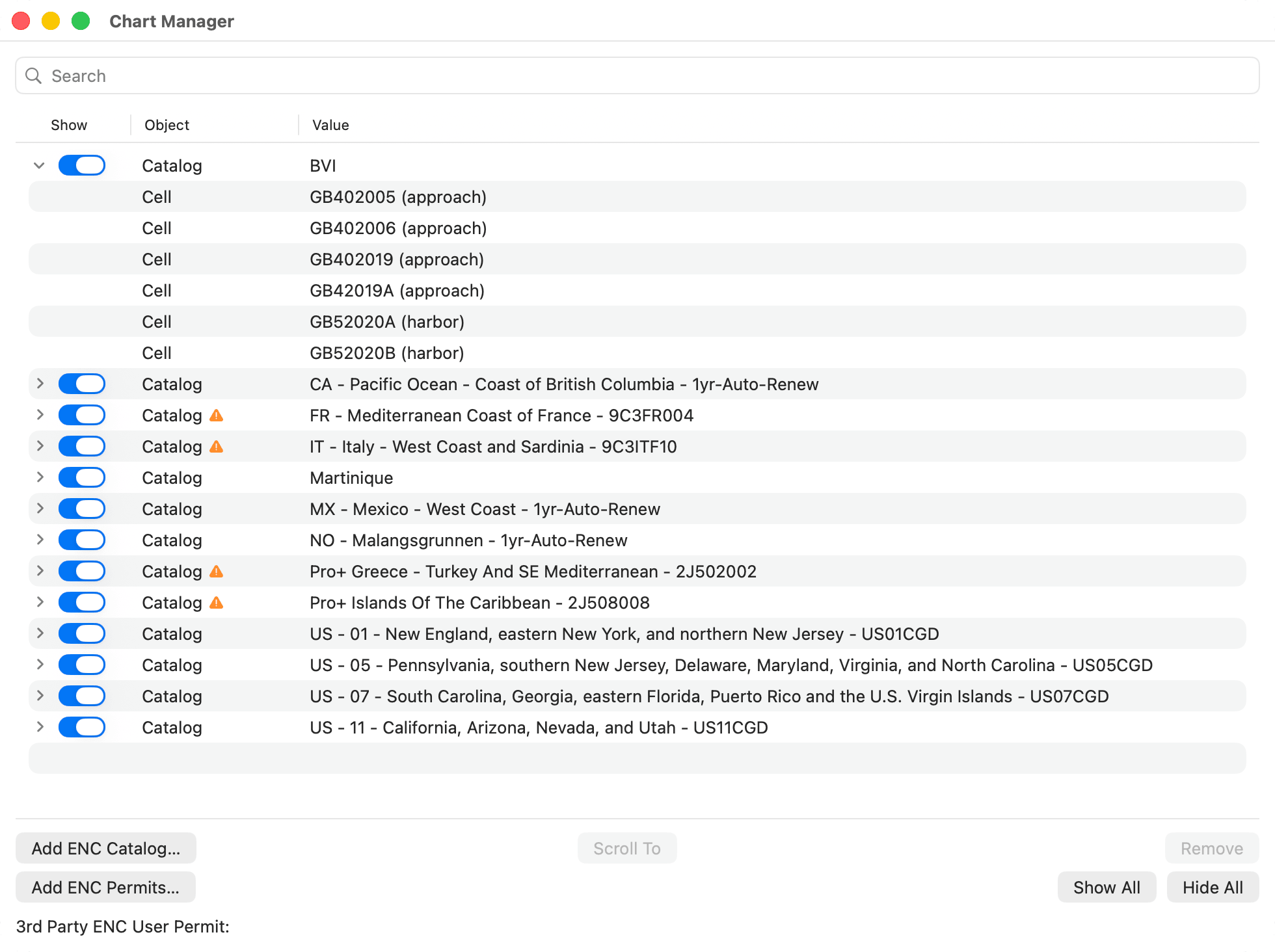 Chart Manager with a third-party catalog expanded to its cells, plus a HelmStation Store catalog and a NOAA catalog