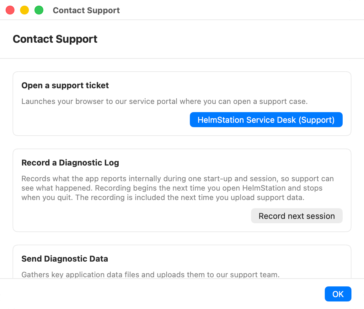 Contact Support window