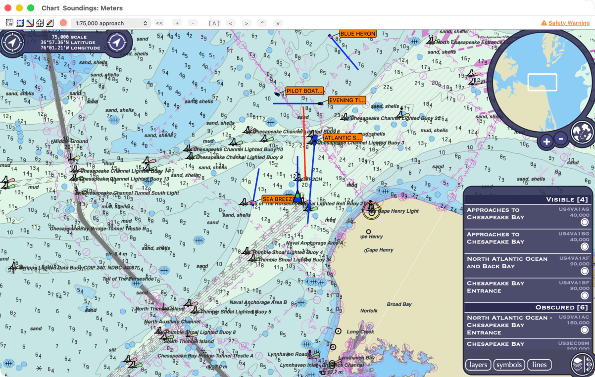 chart window in Course Up, boat centered and chart rotated