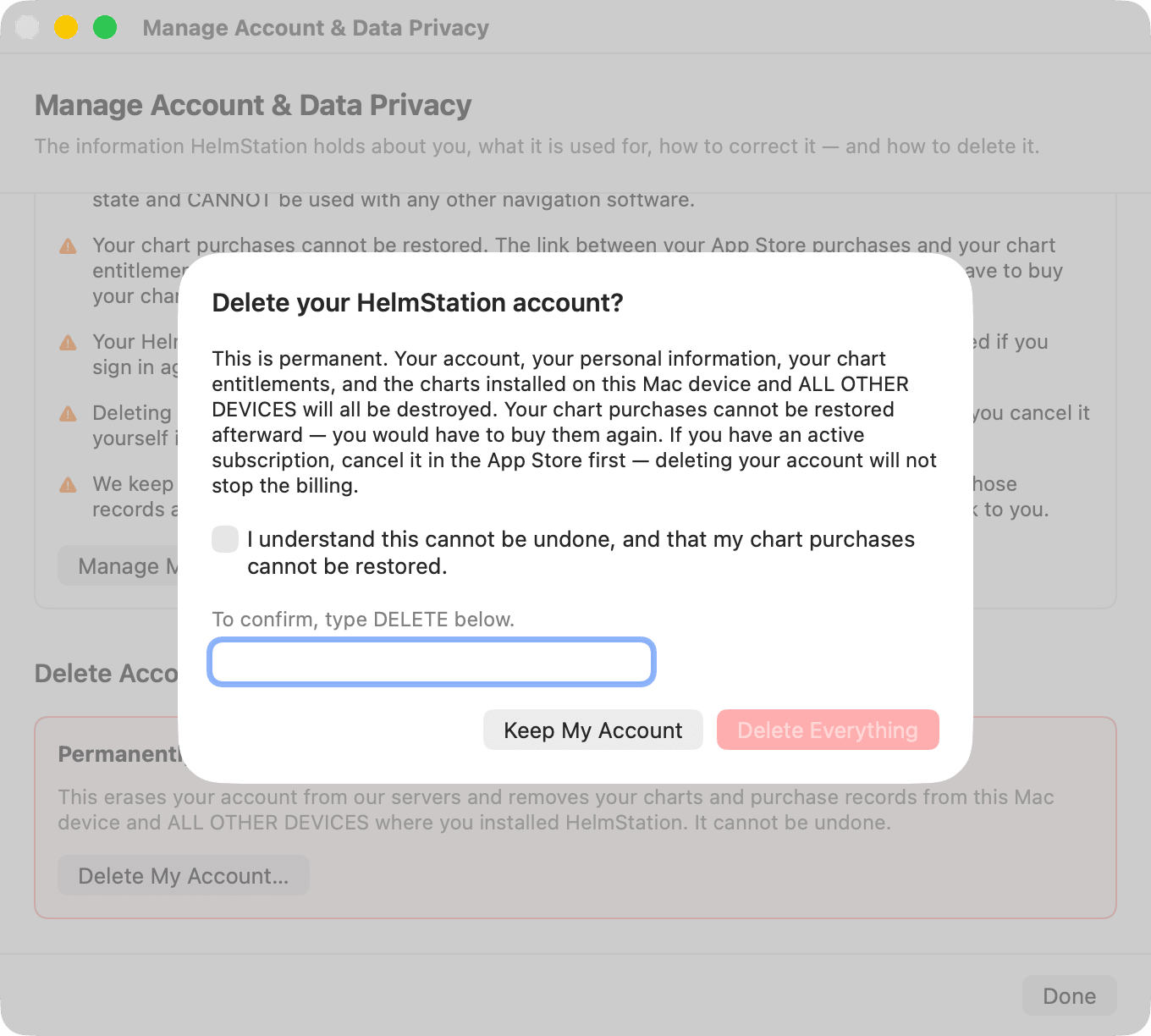 "Delete your HelmStation account?" sheet before confirming