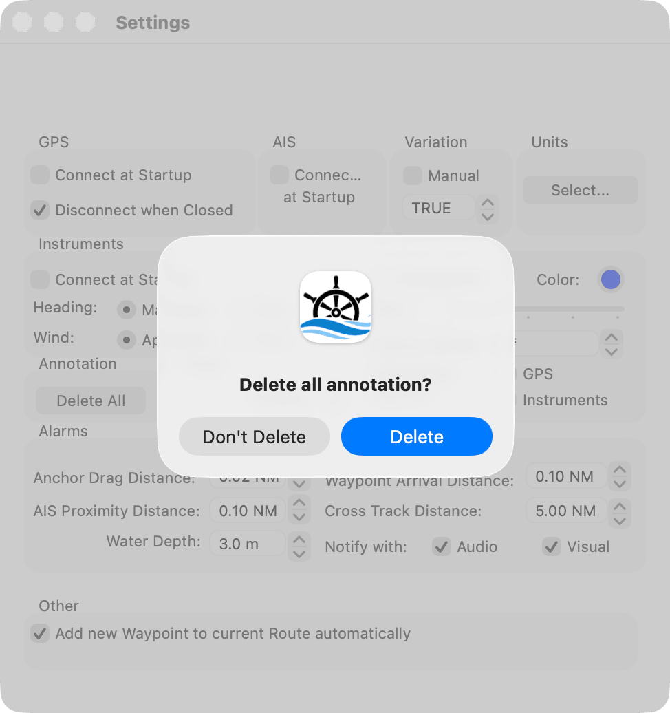 "Delete all annotation?" confirmation on the Settings window