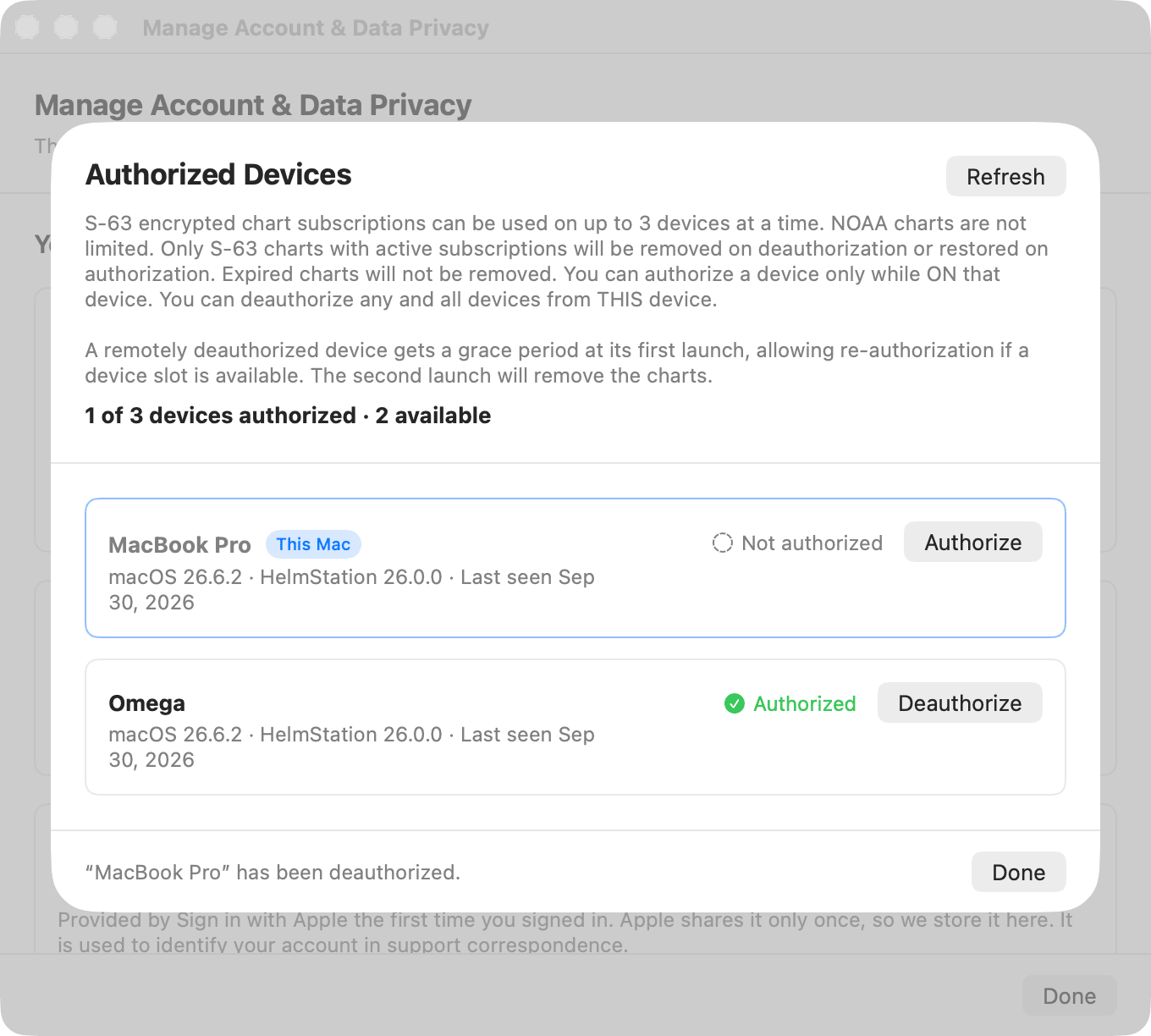Authorized Devices after deauthorizing This Mac, showing Not authorized and the Authorize button