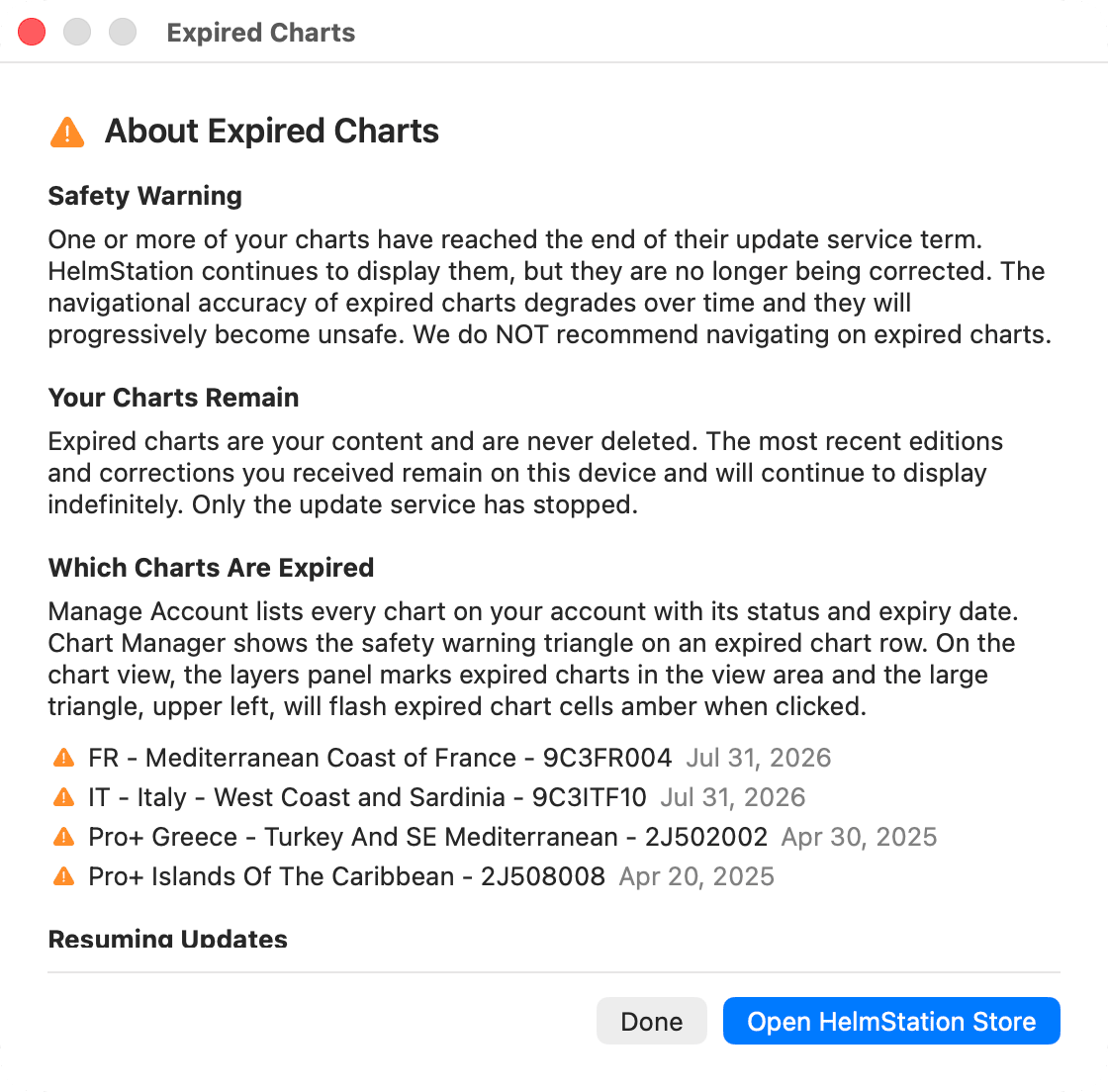 About Expired Charts window listing two expired charts
