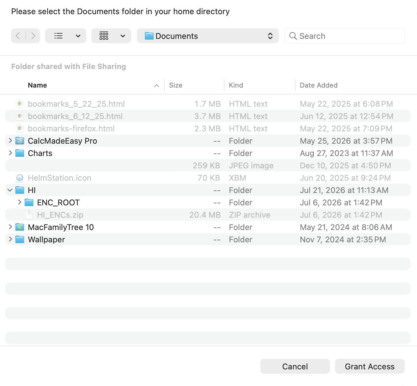 folder window for granting access, showing the Documents folder and the Grant Access button