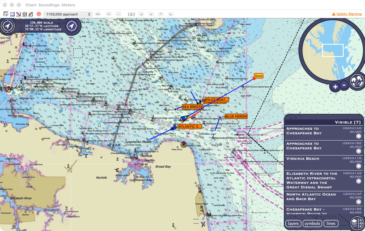 chart window during a Goto, red course line, blue line from the boat and the arrival circle round the waypoint