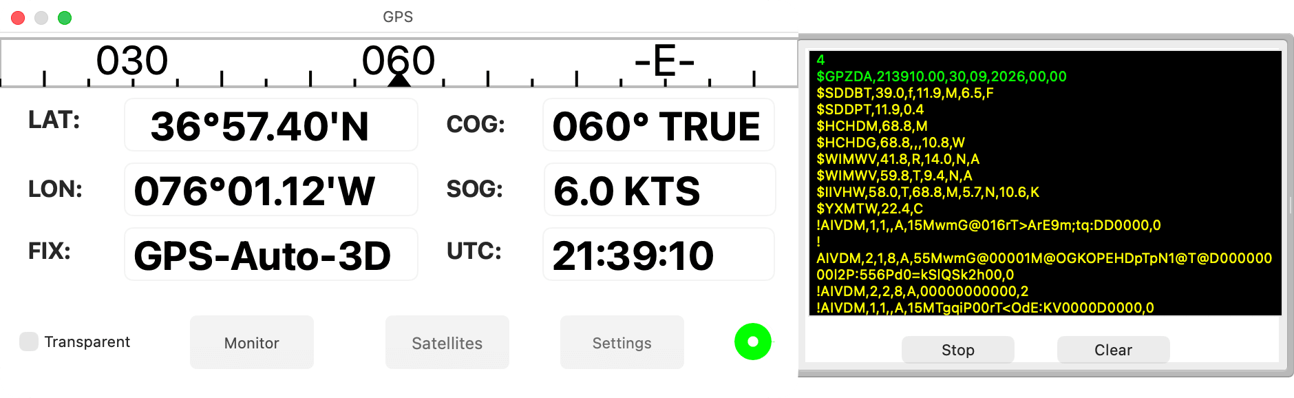 GPS window with the monitor drawer open, showing green and yellow sentences