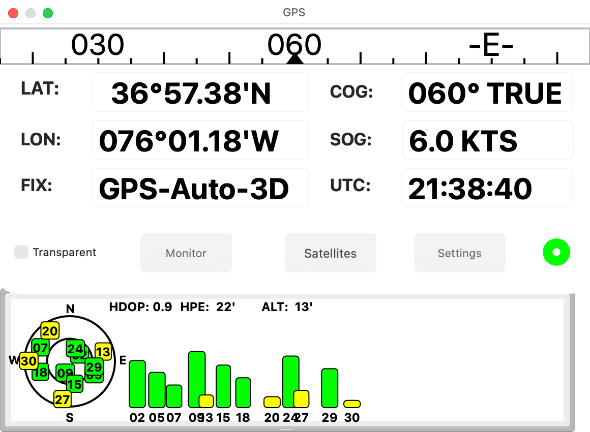 GPS window with the Satellites drawer open