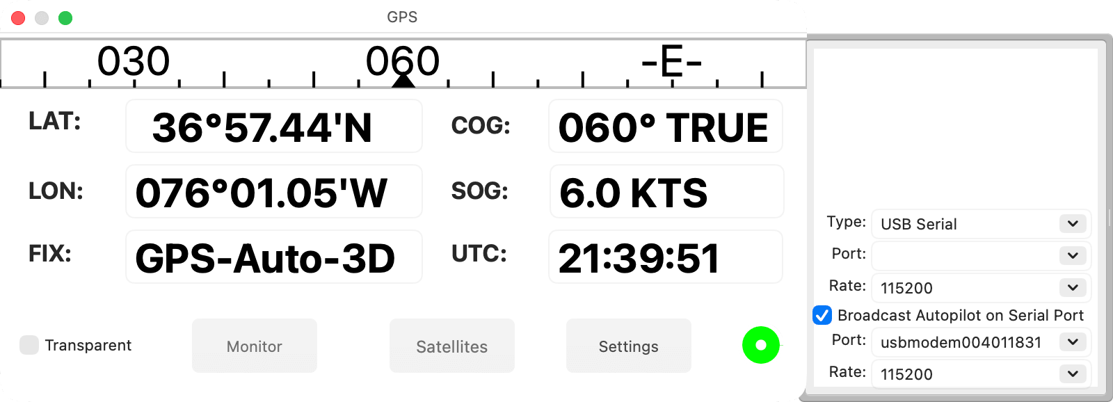 GPS settings drawer with Broadcast Autopilot on Serial Port turned on