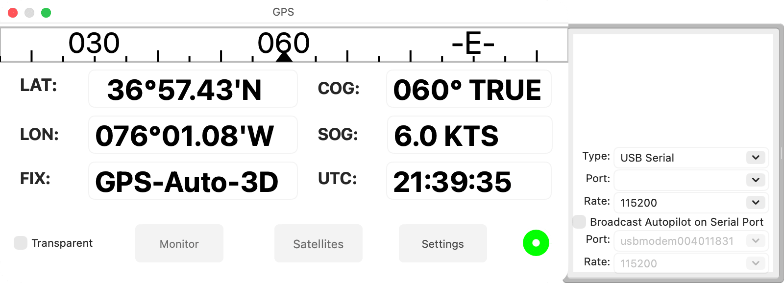 GPS window with its Settings drawer open, Type set to USB Serial