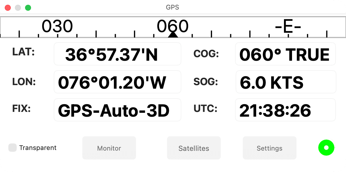 GPS window with a valid fix and the compass showing course over ground