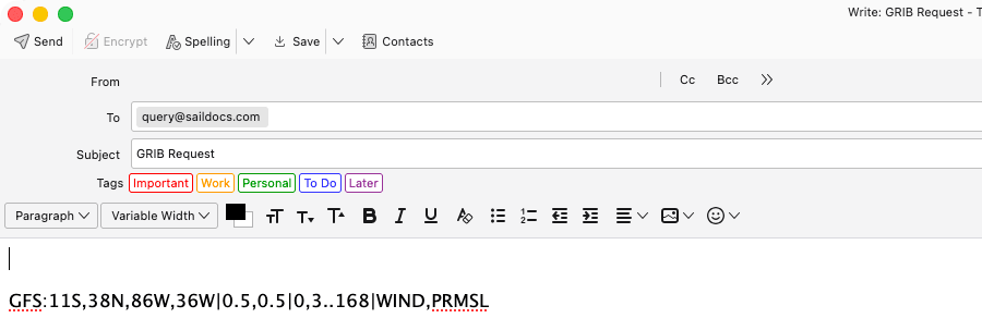 new message in the mail app addressed to query@saildocs.com, subject "GRIB Request"