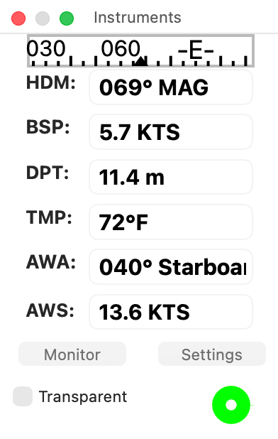Instruments window with all readings and the compass showing heading