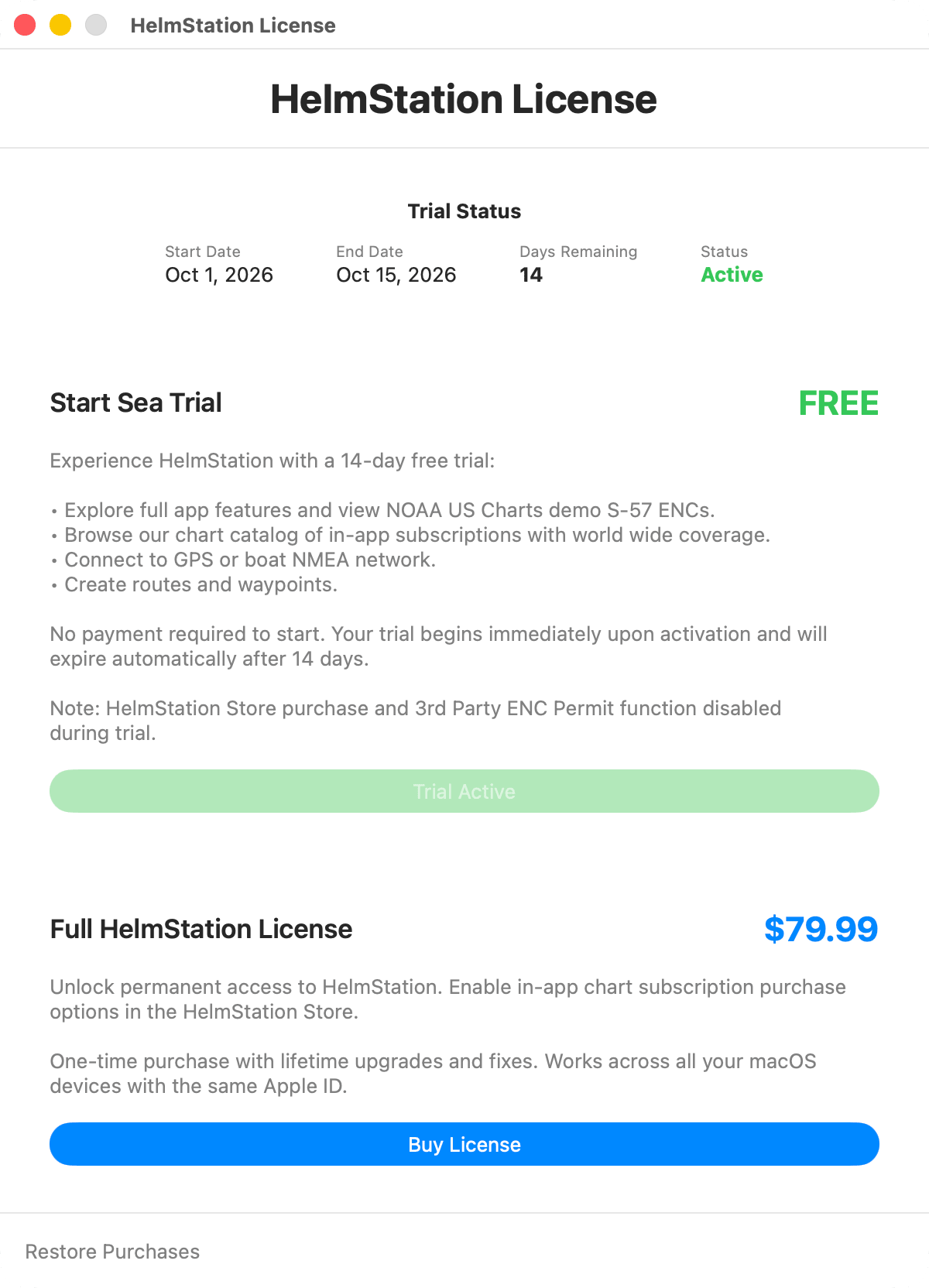 HelmStation License window during an active Sea Trial, with the Trial Status card above the license options