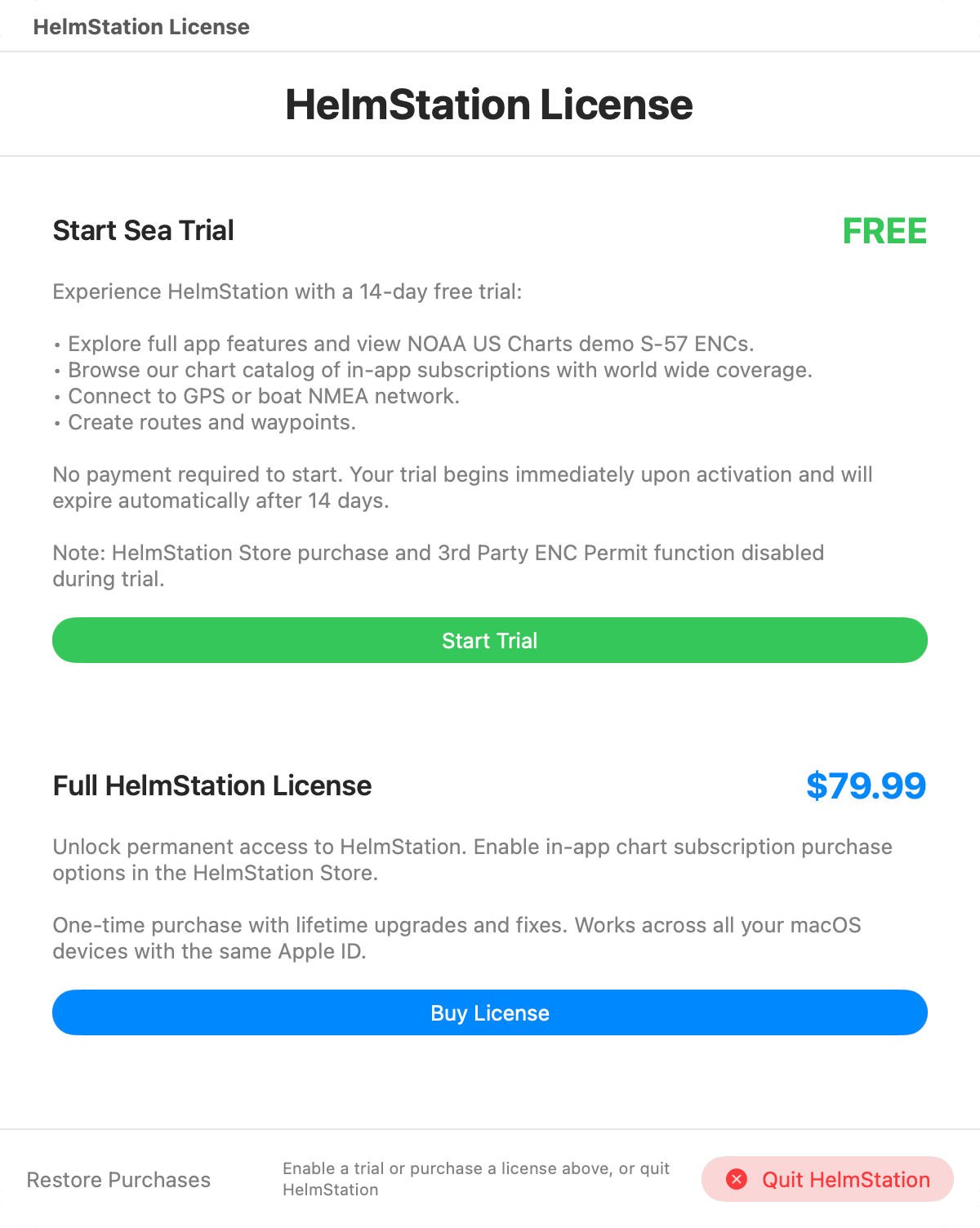 HelmStation License window with no license, showing the Start Sea Trial and Full HelmStation License cards