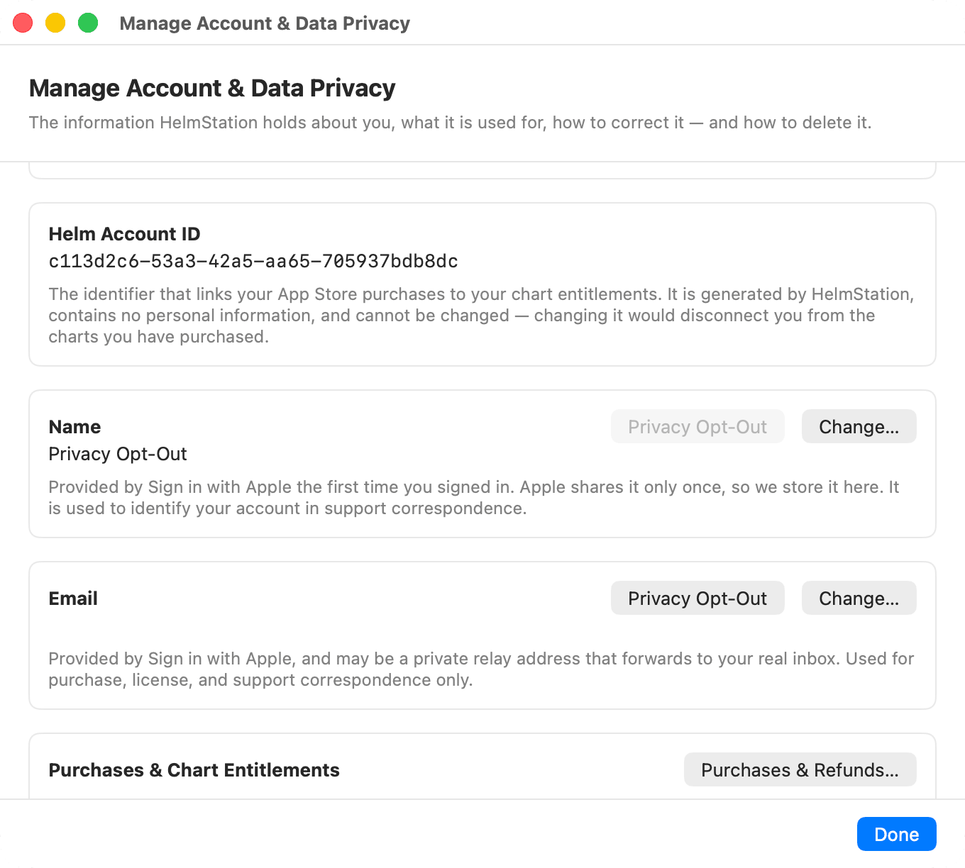 Manage Account & Data Privacy window, Your Data section