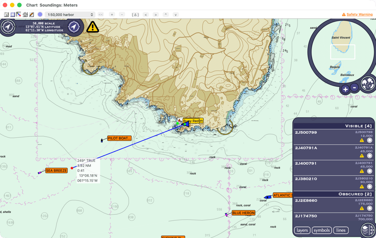 chart window in Measure mode during a drag, blue line from the boat, with the readout beside the pointer