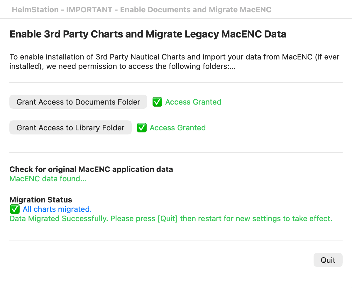Enable Documents and Migrate MacENC window after a successful migration, with the Quit button