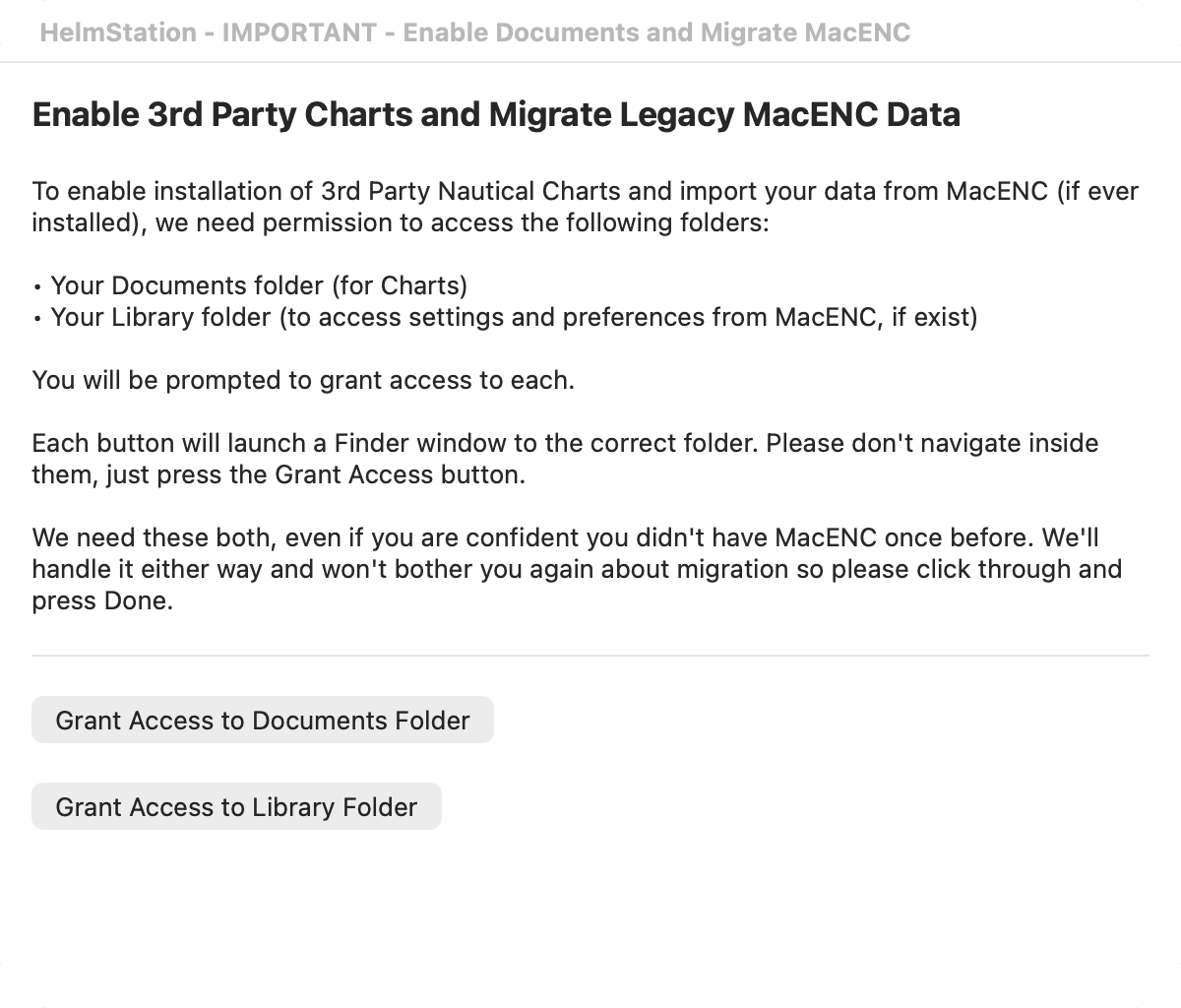Enable Documents and Migrate MacENC window, before any access is granted