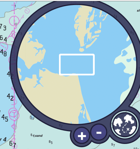 mini-map close-up, showing the white rectangle and the + and - buttons