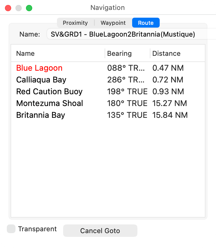 Navigation window, Route tab while following a route