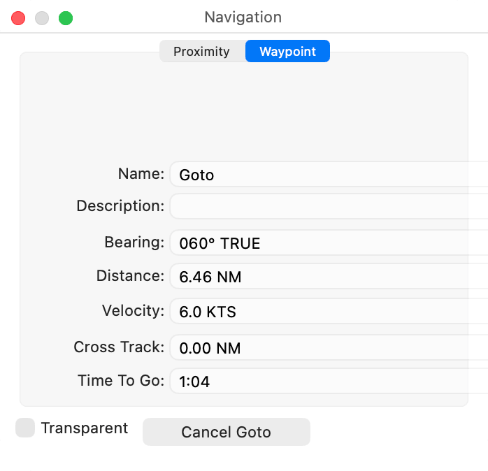 Navigation window, Waypoint tab during a Goto