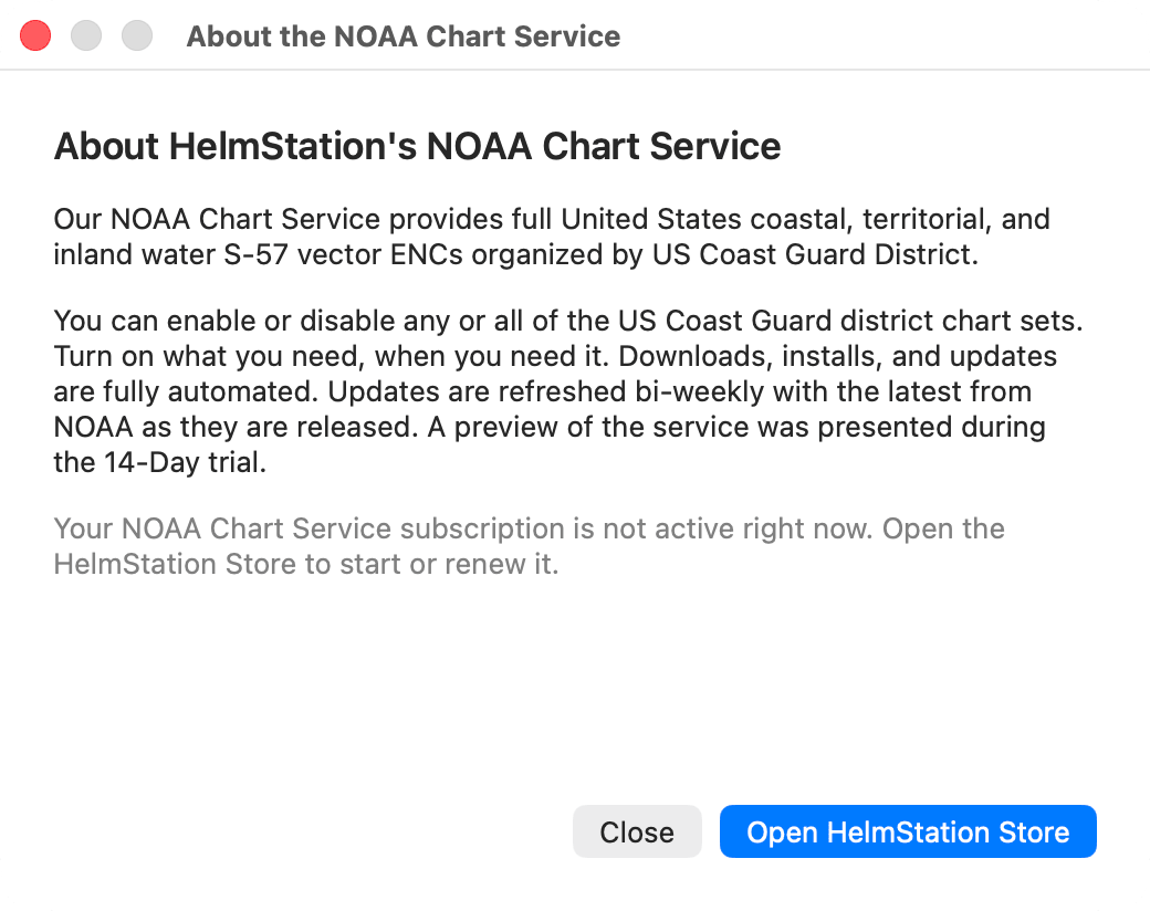 About the NOAA Chart Service window, subscription not active