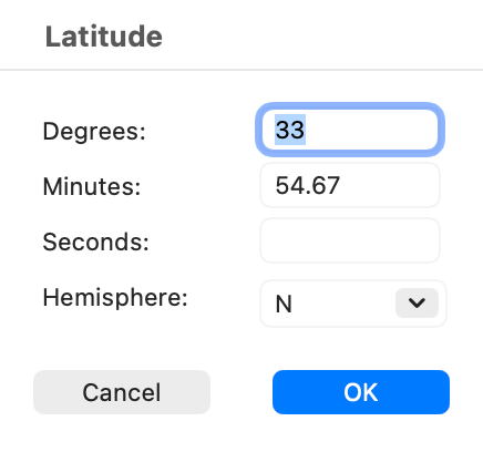 Position Input window for a latitude