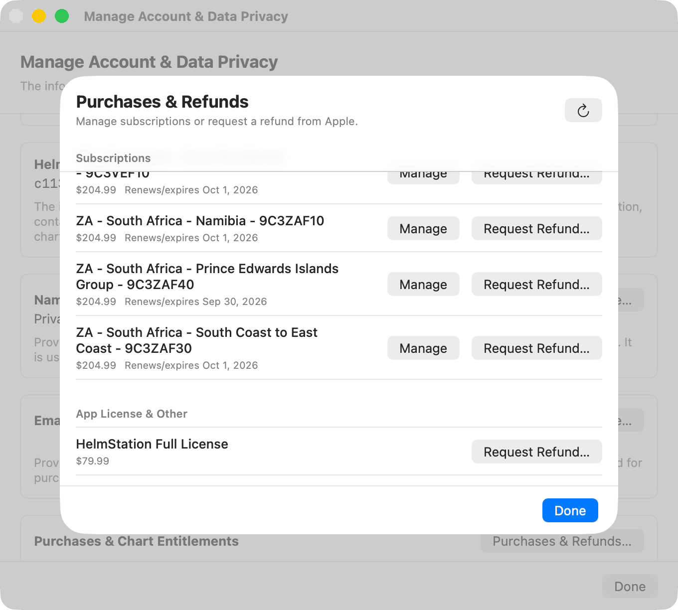 Purchases & Refunds sheet listing a chart subscription and the Full License