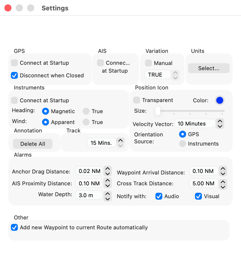 Settings window
