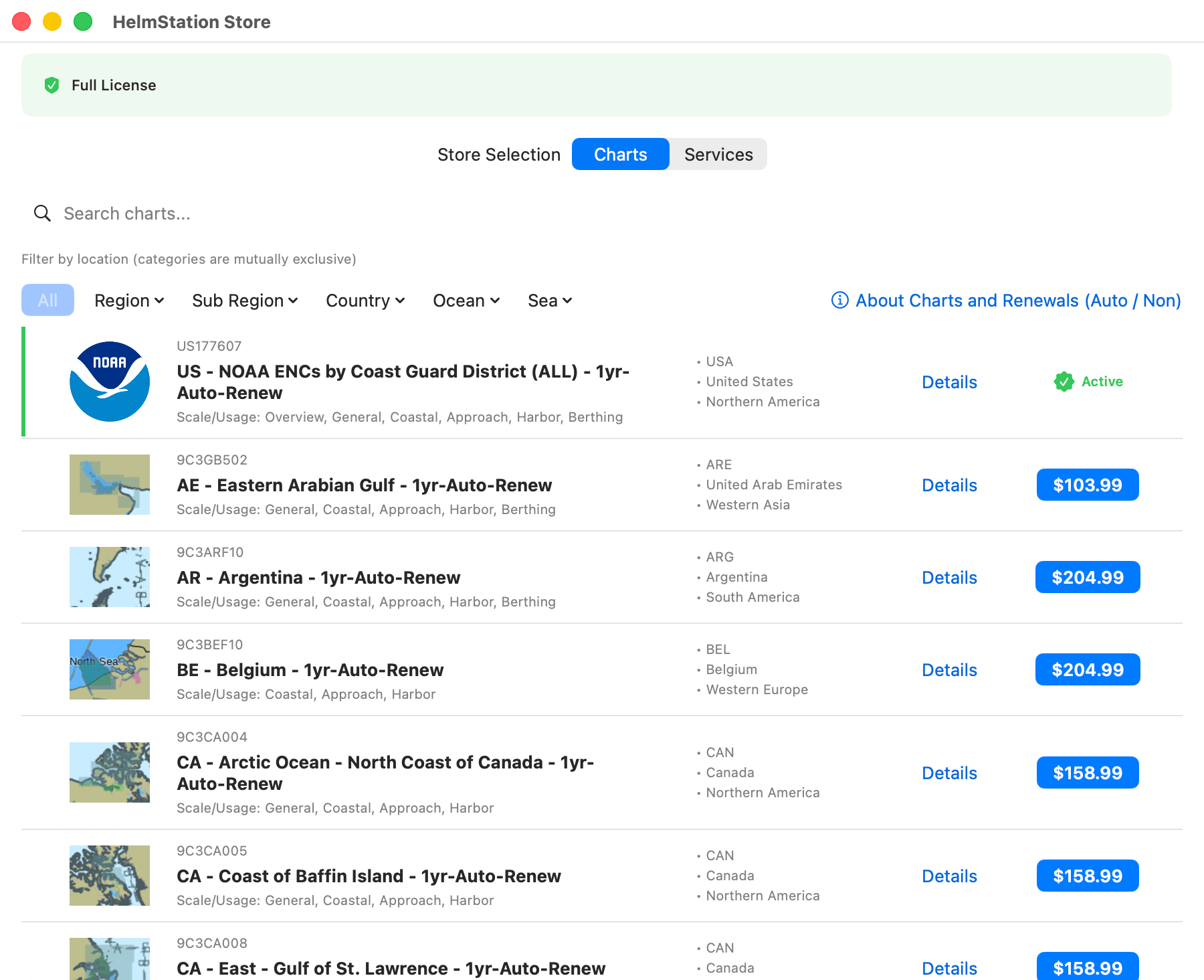 HelmStation Store window, Charts tab, Full License, no filters