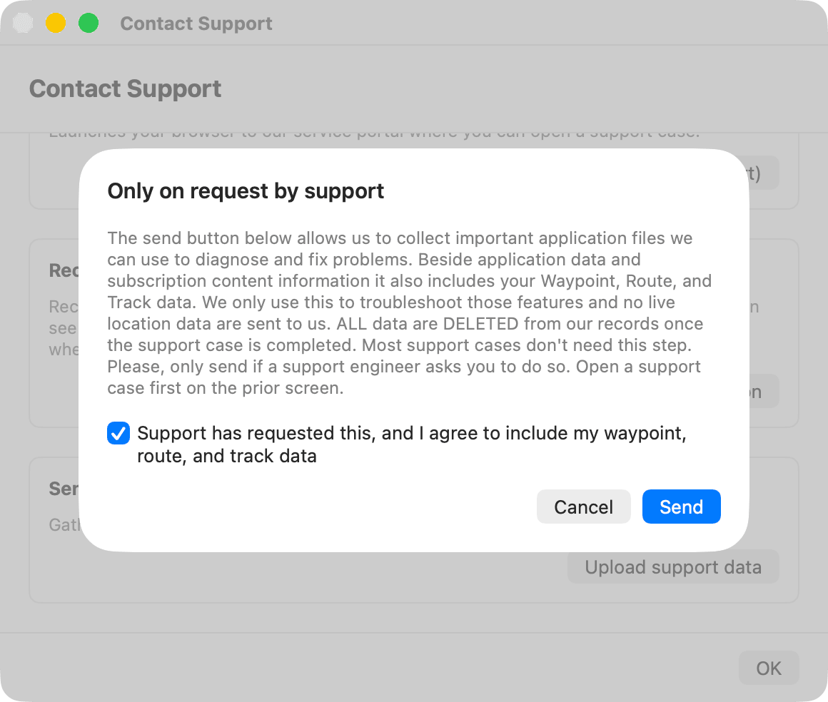 Only on request by support sheet, checkbox selected, Send button available
