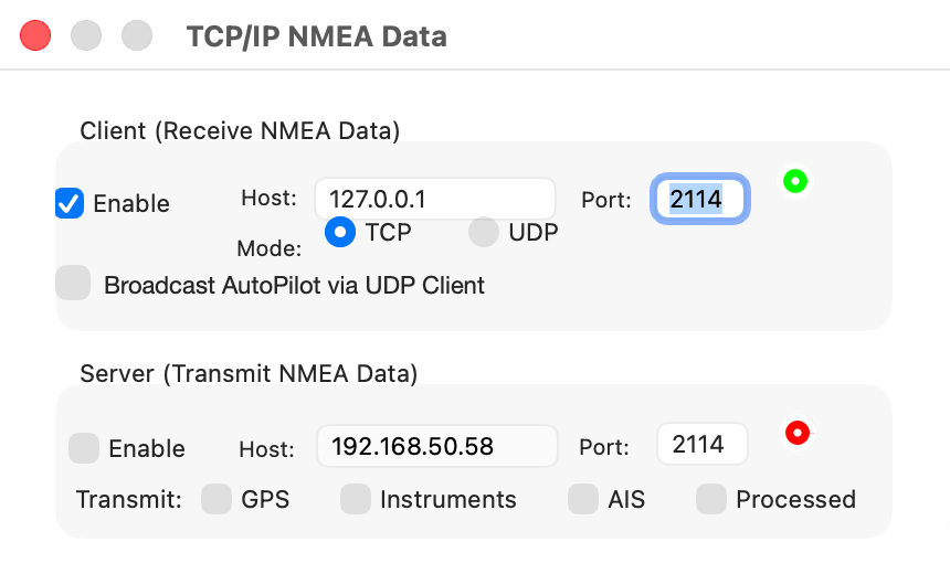 TCP/IP NMEA Data window, client enabled and connected