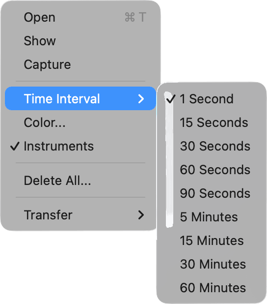 Track menu with the Time Interval submenu open