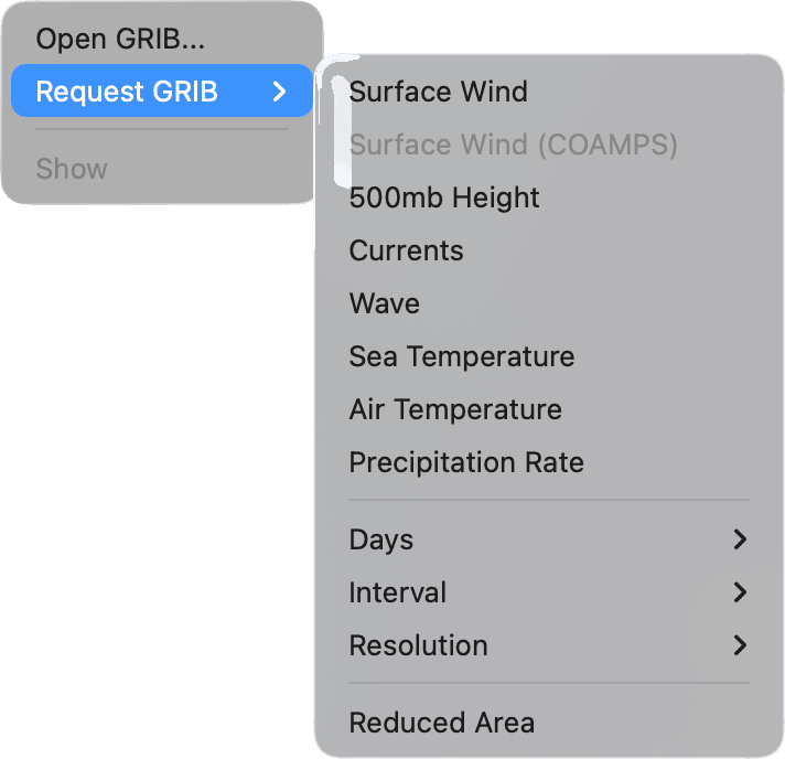 Weather menu with the Request GRIB submenu open