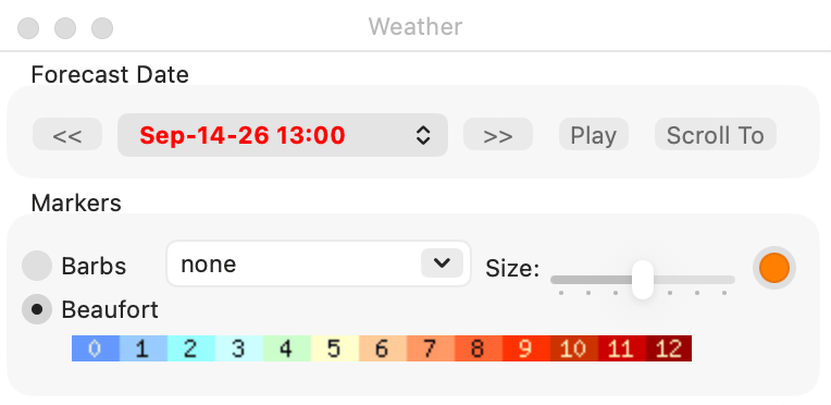 Weather window with a wind and pressure GRIB open, Beaufort selected