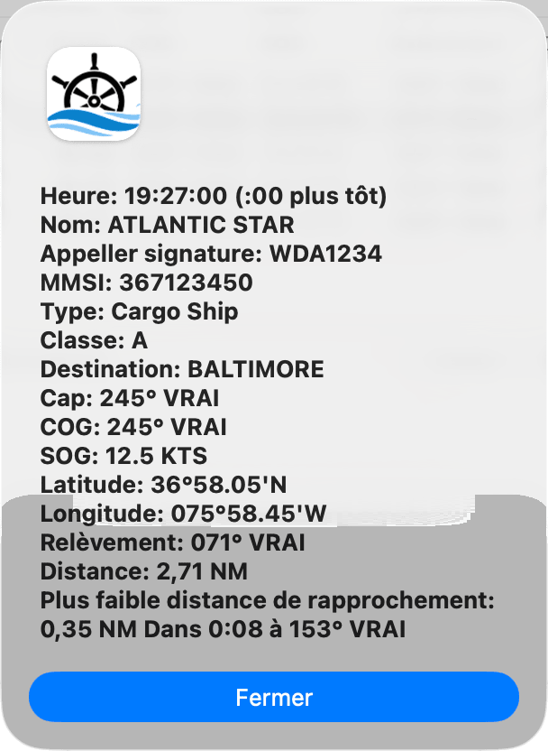 Feuille Informations d'un navire en route, avec la plus faible distance de rapprochement