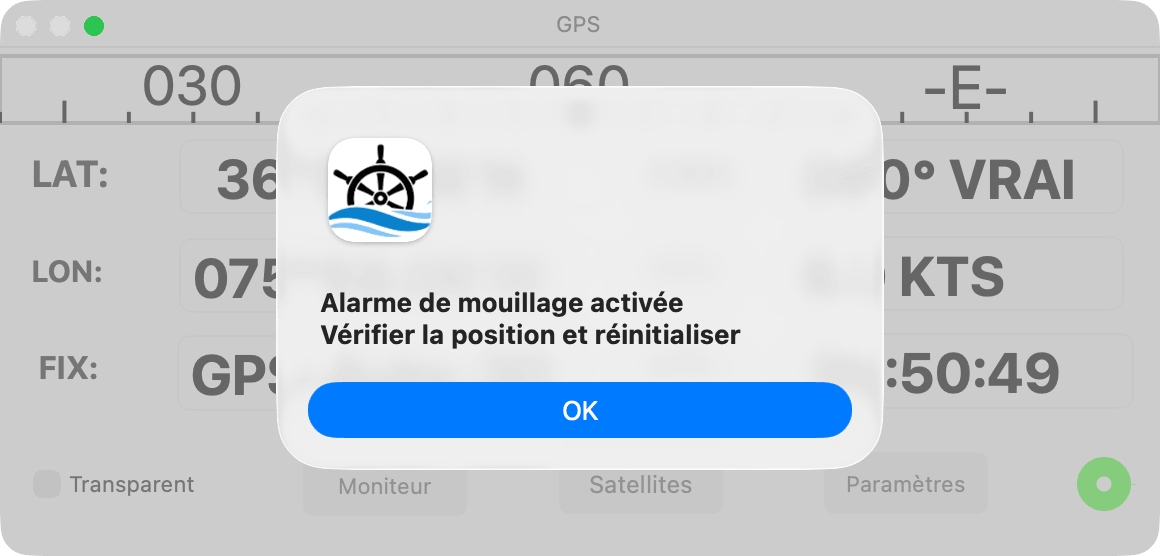 Alerte d'alarme de mouillage sur la fenêtre GPS