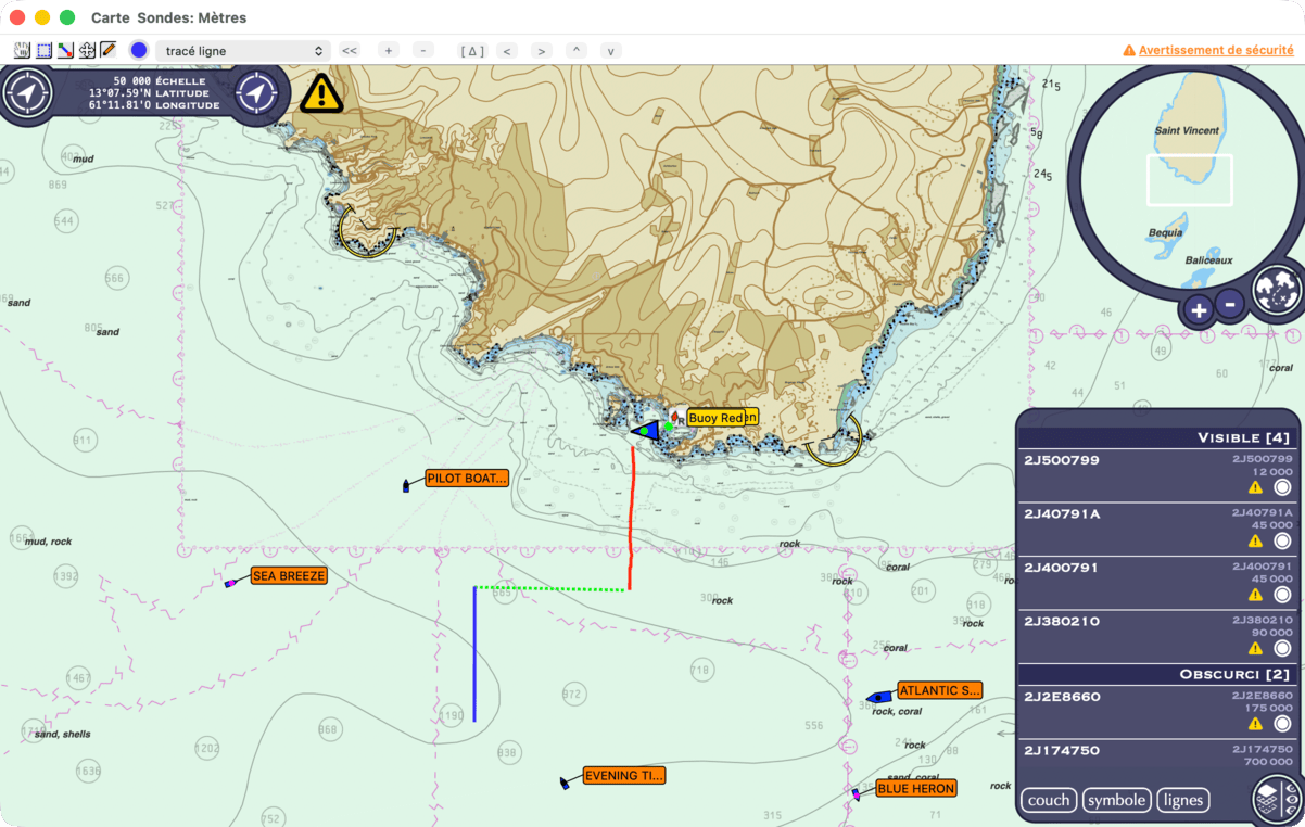 carte avec plusieurs annotations de couleurs différentes, dont une en pointillés, sélectionnée