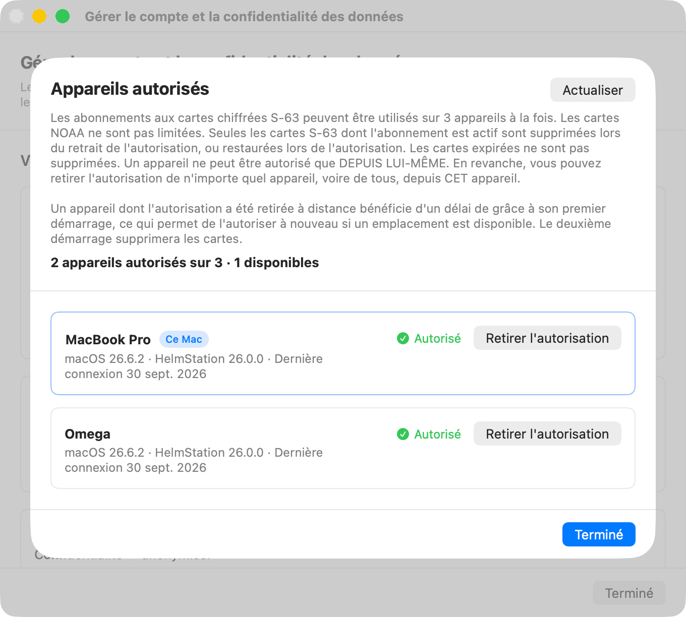 Feuille Appareils autorisés, ce Mac autorisé, 2 sur 3 utilisés