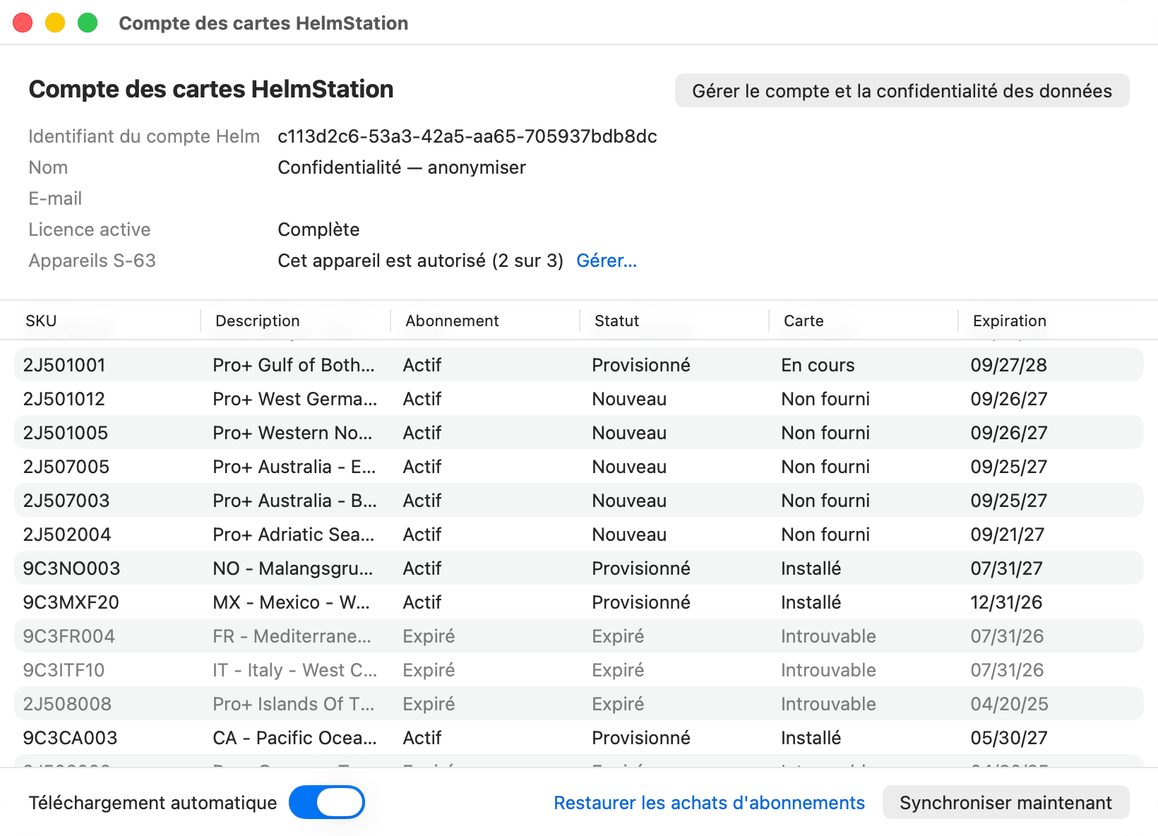 Fenêtre Compte des cartes HelmStation avec plusieurs abonnements, dont un expiré