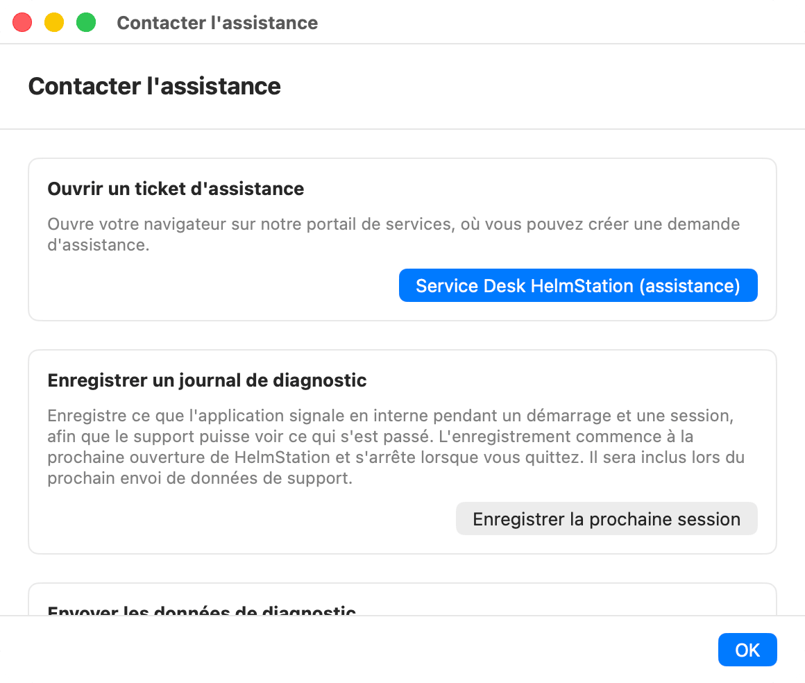 Fenêtre Contacter l'assistance