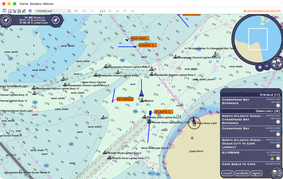 fenêtre de la carte en Route vers le haut, bateau centré et carte pivotée