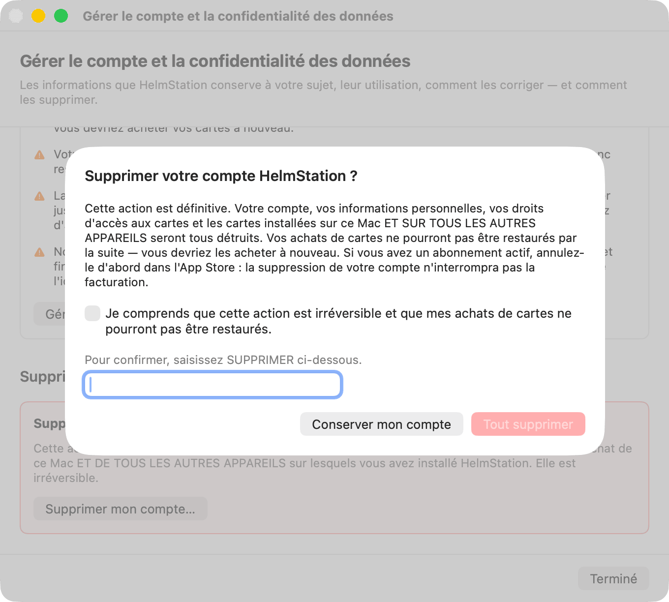 Feuille « Supprimer votre compte HelmStation ? » avant la confirmation