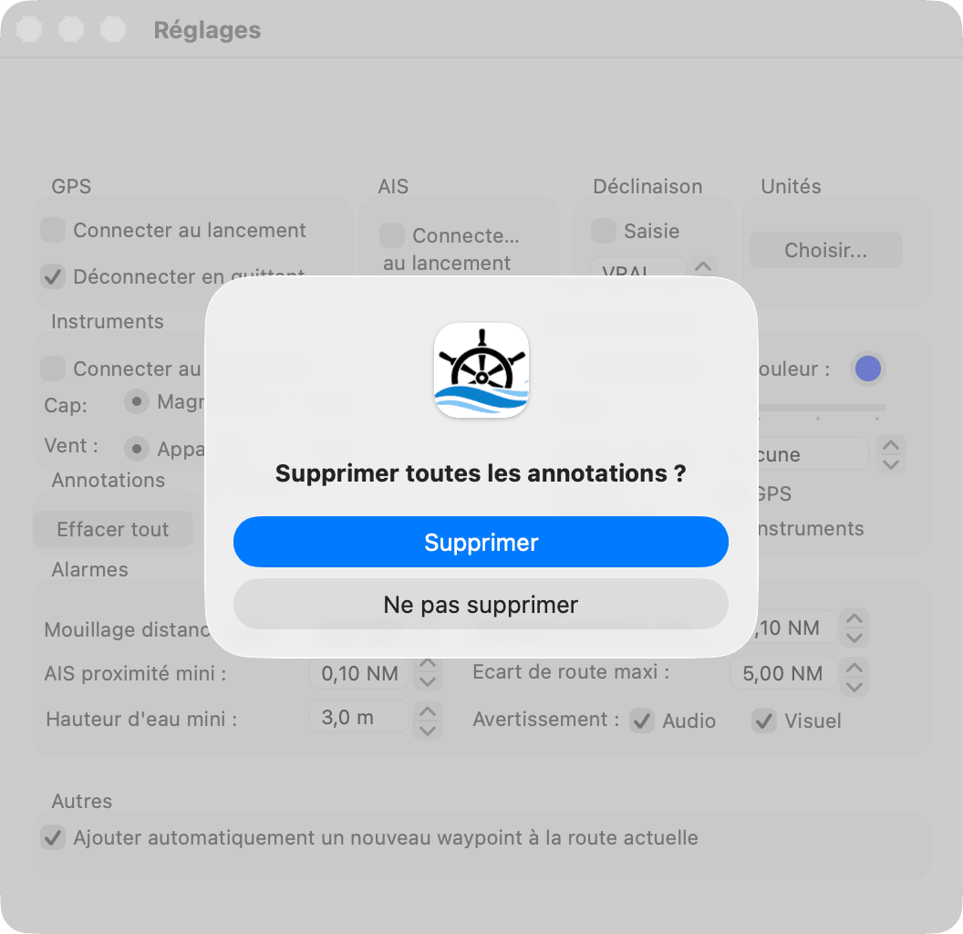confirmation « Supprimer toutes les annotations ? » sur la fenêtre Réglages